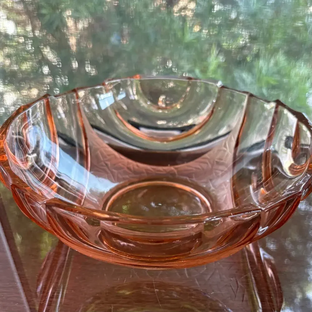 Vintage Pink Pressed Glass Bowl Made in Poland Art Deco Scalloped Edge